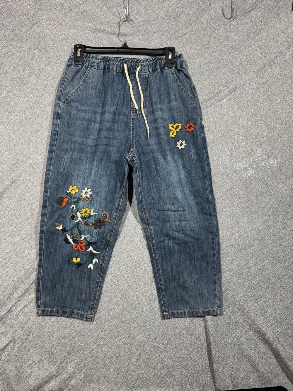 SHEIN Blue Denim Boyfriend Jeans with Colorful Floral Embroidery